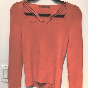 Belldini Stretch top in Orange, beaded at neck, sleeve and hem. Cutout straps